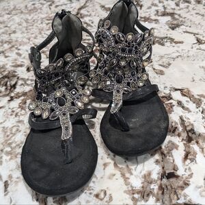 Elegant Black and Silver Sandals with Jeweled Upper Design